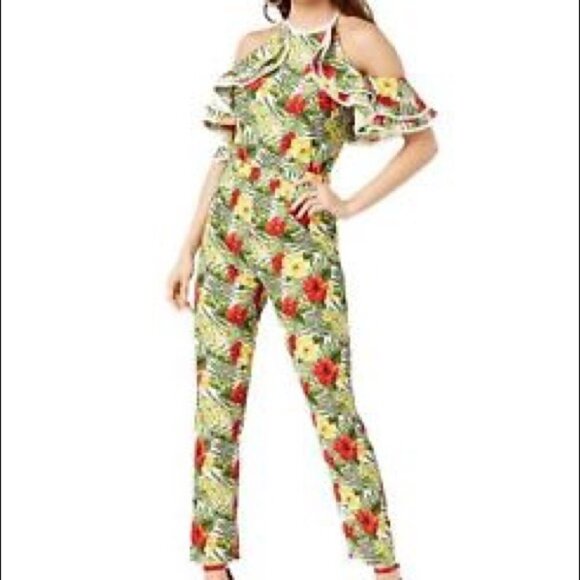 NWT XOXO Women’s Juniors Tropical Print Overall Romper Jumpsuit Size Medium - Picture 1 of 8